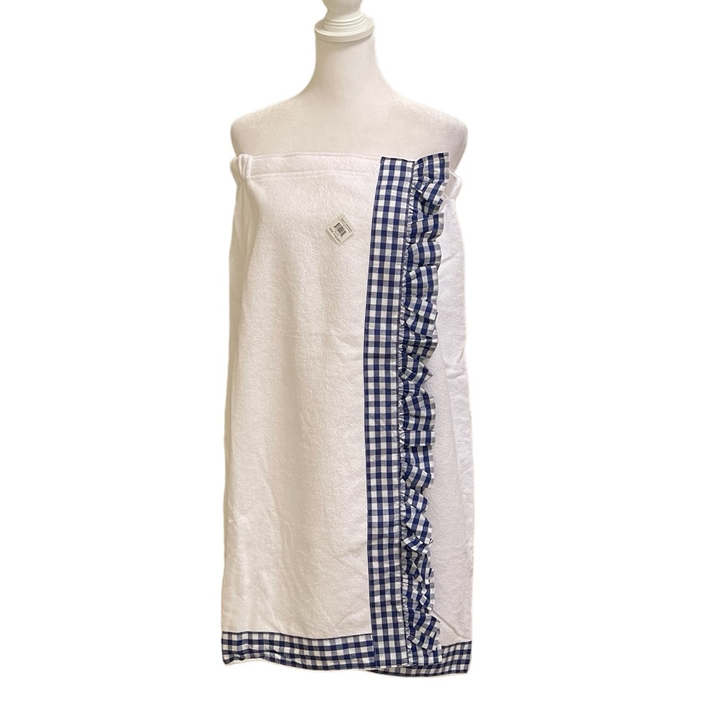 MSC Mainstreet Collection Gingham Ruffle Trim Bath Wrap Blue White Towel NWT
